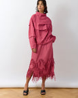 Model wearing Yaccomaricard Shibo Top in Dust Rose matching it with Kazari Skirt, having a monotone japanese look.