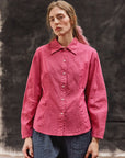 Model wearing Yacco Maricard Wanda Shirt in Dust Rose – Feminine Japanese designer fashion.