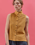 Model wearing Yacco Maricard Kantan Jersey Waistcoat in Brown Sugar – Effortless Japanese designer layering.