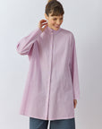 Model wearing Yaccomaricard Classic Tunic Shirt in Lilac Purple – Effortless Japanese designer layered style.