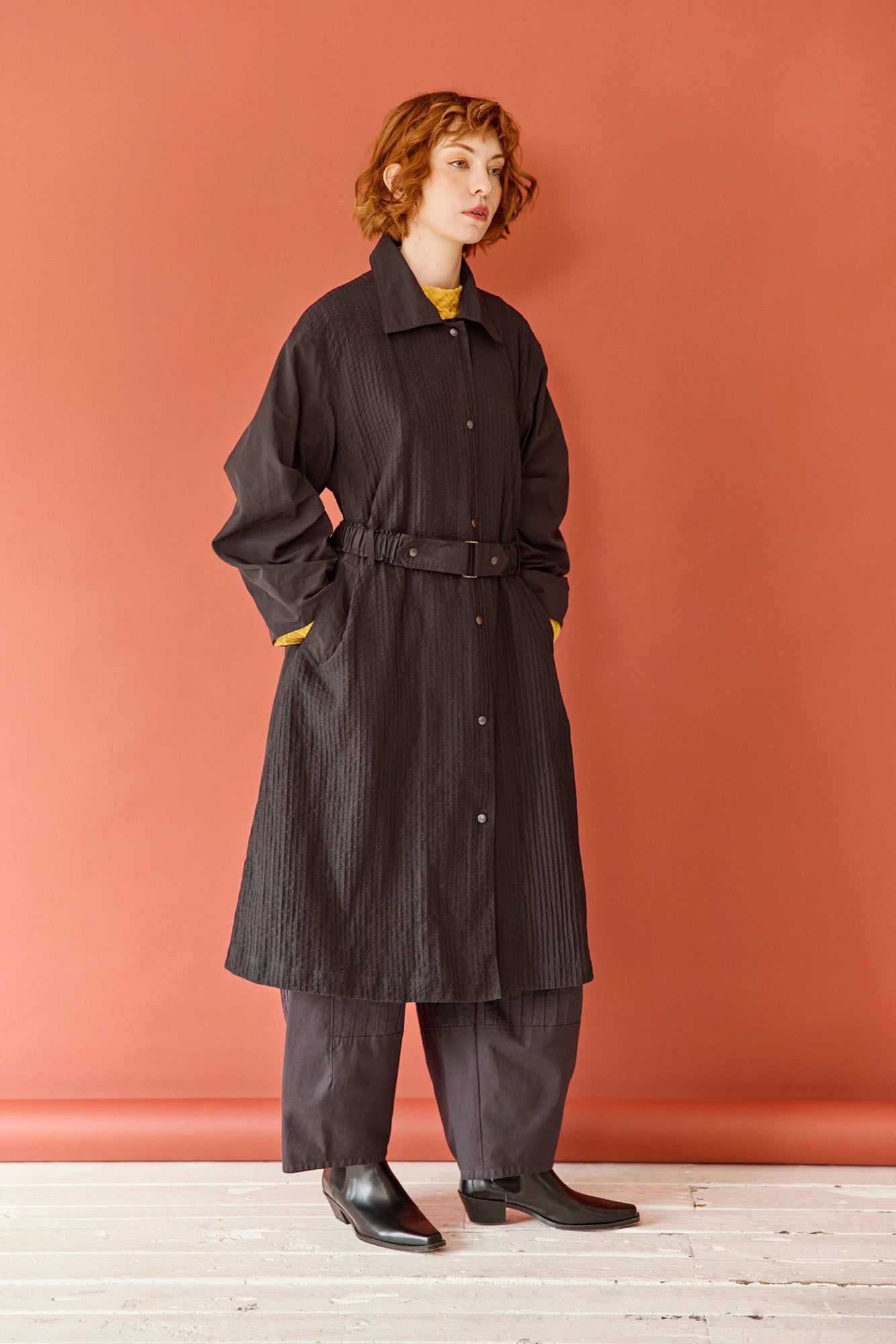Nairon Coat | Relaxed Fit Black Midi Coat with Belt