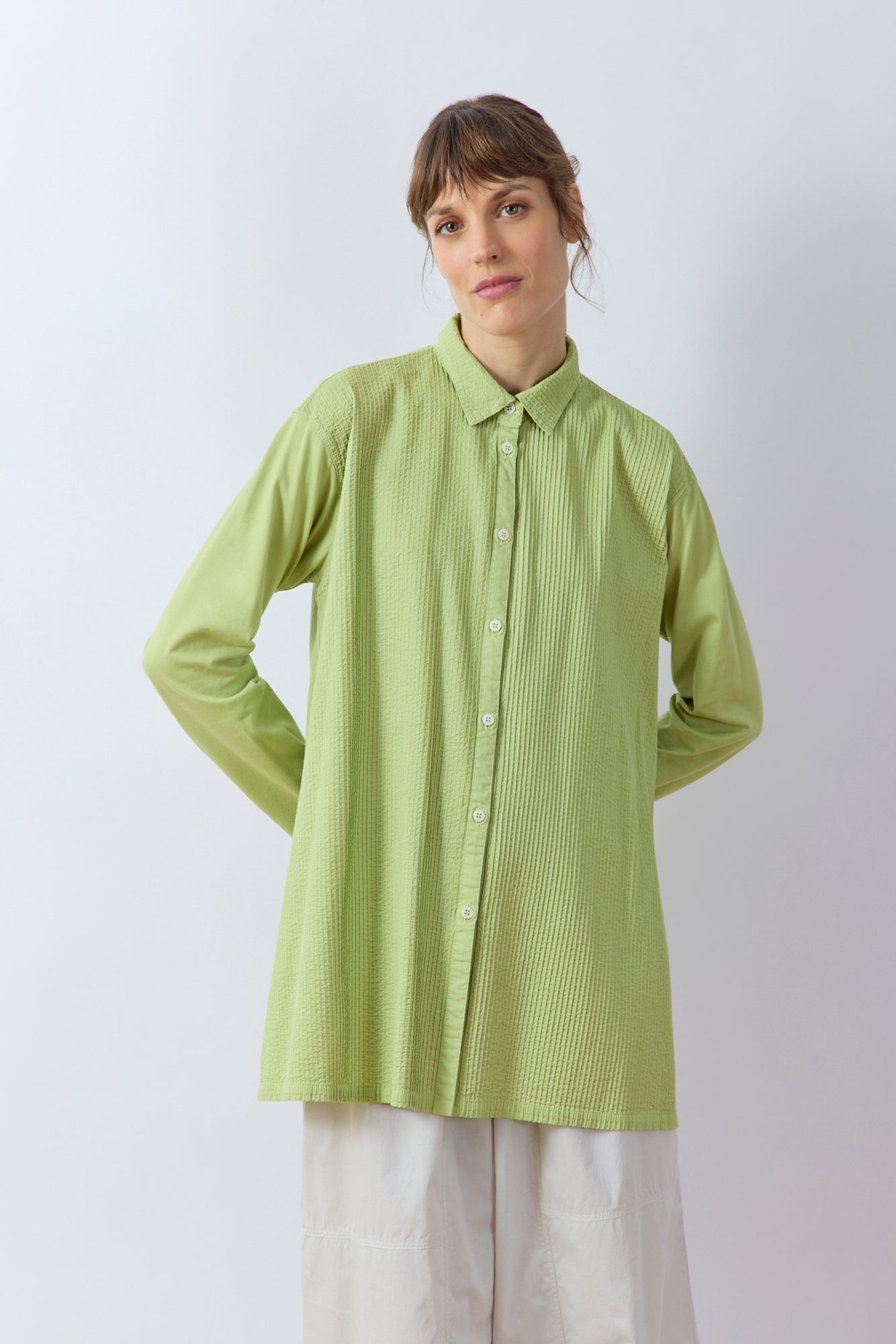 Yaccomaricard pintucked Cotton Jersey + Lawn A-line Overshirt in Pale Lime.