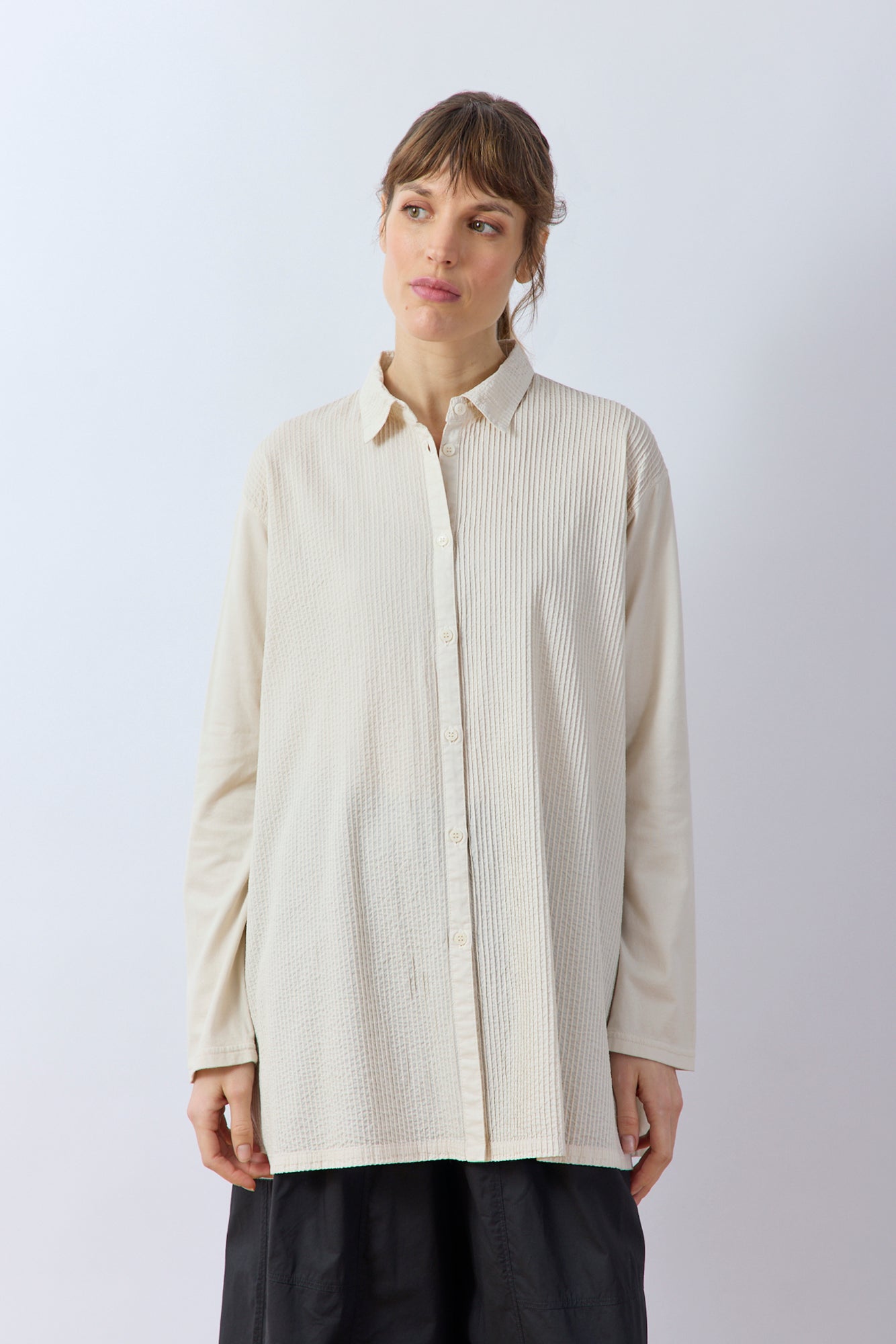 Yaccomaricard Cotton Jersey and Lawn Overshirt in Jasmine white – Japanese designer A-line shirt.