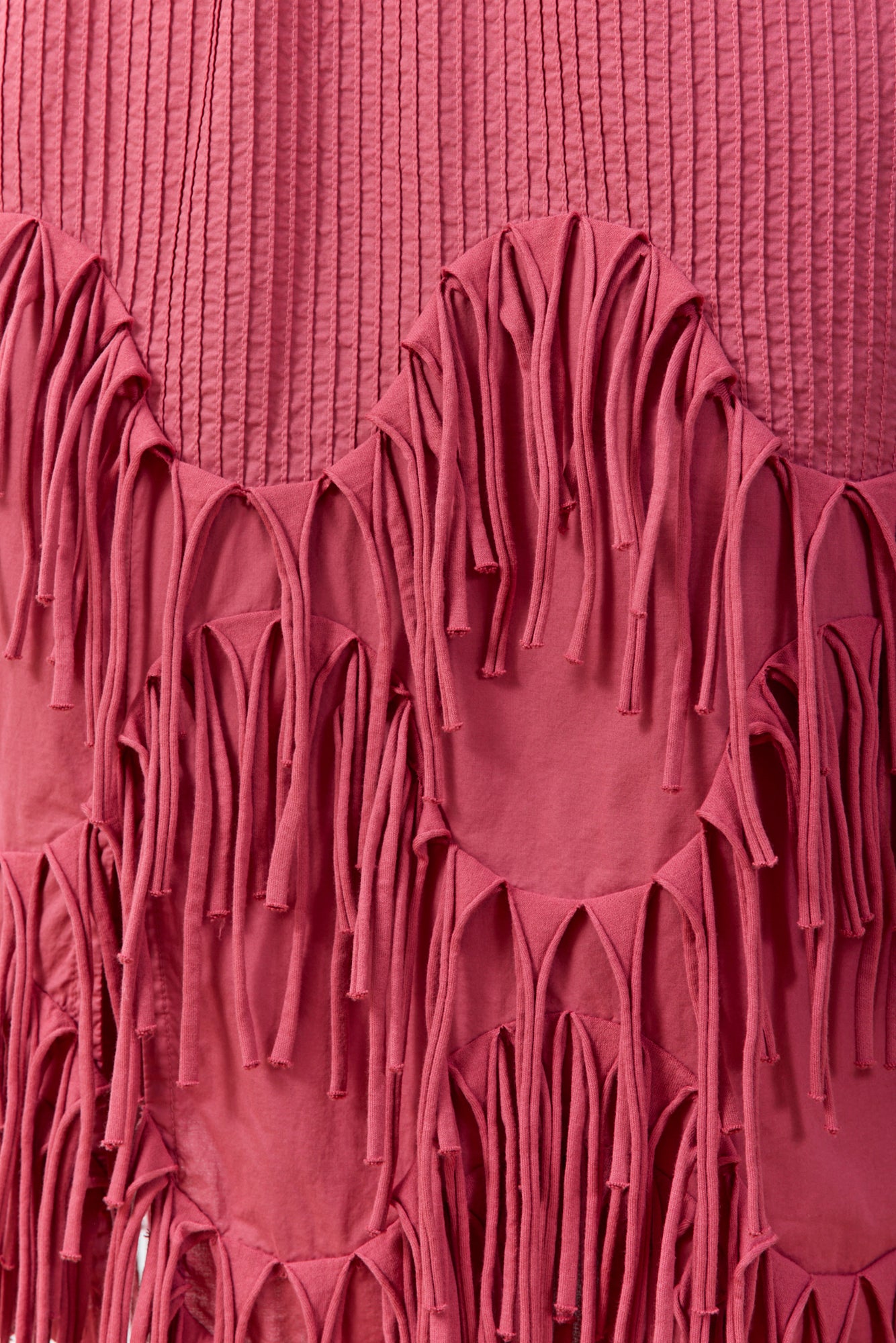 Yaccomaricard Kazari Skirt cotton lawn fabric close‑up showing chevron panels and raw‑edge hem finish.