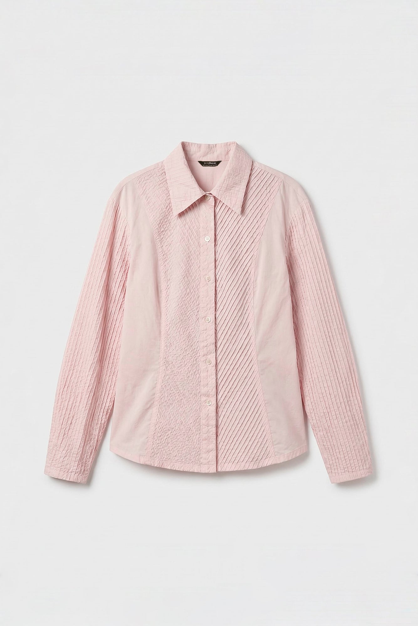 Flat lay of Yaccomaricard Wanda shirt, pintucked shirt, japanese design in Sakura pink, 100% cotton.